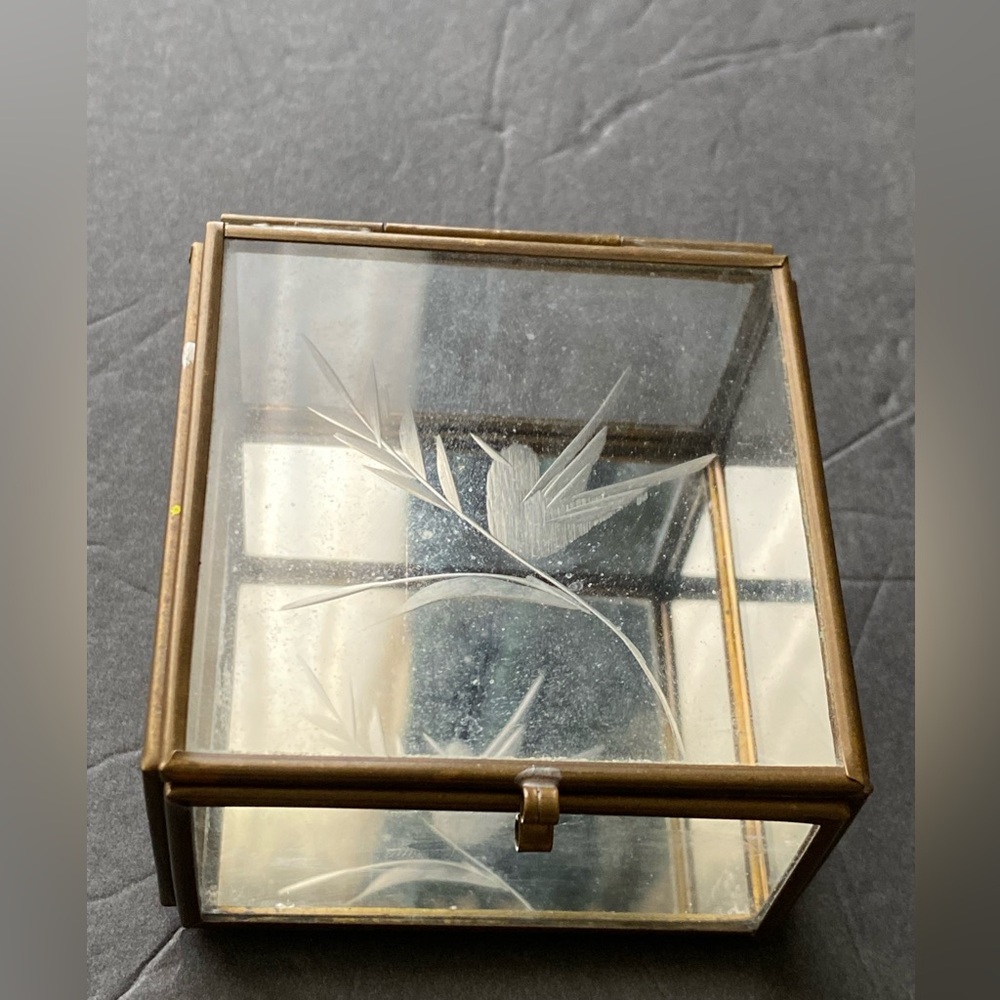 Hecho Small trinket dish jewelry box etched bird branch glass square shape